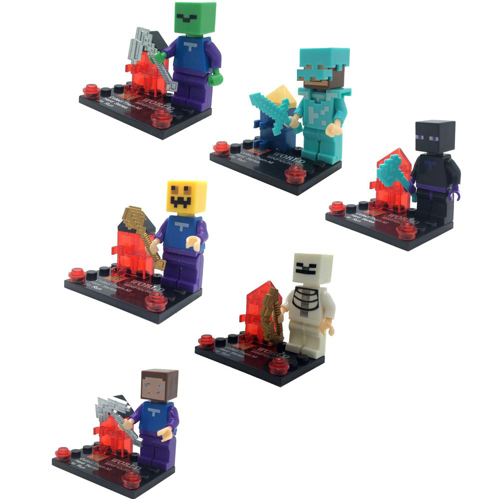 6pcs/lot Game Minecraft Kid Baby Mini Figure with base and weapon ...
